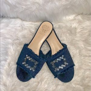 Vince Camuto denim jeweled slip-on flats.